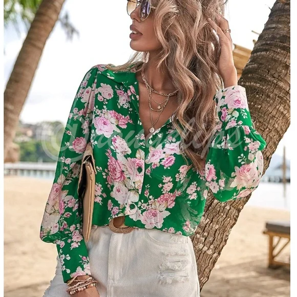 Green Button Down Shirt Long Sleeve Rose Floral Print Pink - Picture 1 of 11